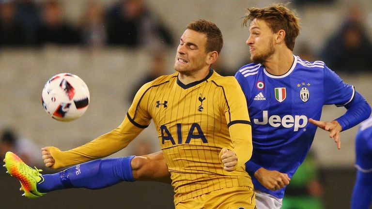 MELBOURNE, AUSTRALIA - JULY 26:  Vincent Janssen of Tottenham (L) competes for the ball during the 2016 International Champions Cup match between Juventus 