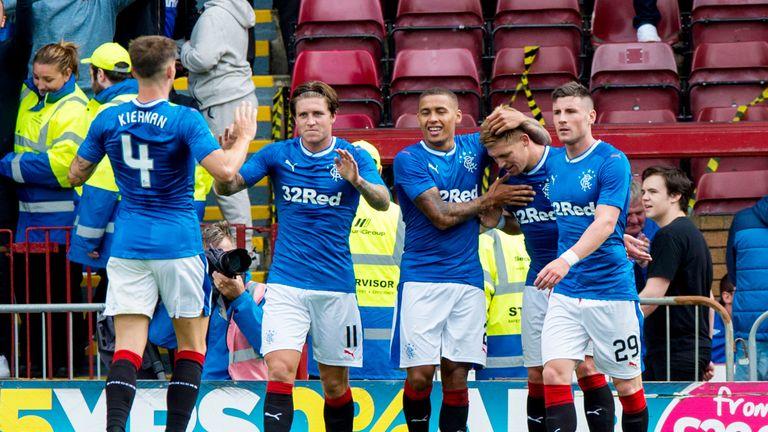 Rangers' Martyn Waghorn (second from right) celebrates having scored his side's second goal at Motherwell