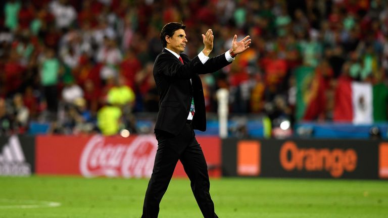 Wales manager Chris Coleman applauds the fans after the Euro 2016 semi-final defeat to Portugal