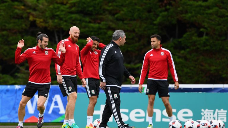 Wales players, from left to right, Gareth Bale, James Collins, Neil Taylor and Hal Robson-Kanu, share a joke