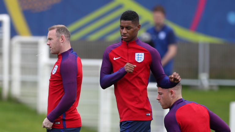 England's Marcus Rashford and Wayne Rooney during the training session at the Stade du Bourgognes, Chantilly, France, 19 June 2016