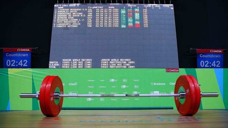 General view of the arena during the men's 69kg weightlifting competition as a test event for 2016 Rio Olympics