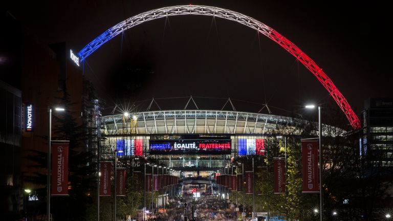 England light up Wembley Arch in memory of those killed in Paris terror attacks in November 2015