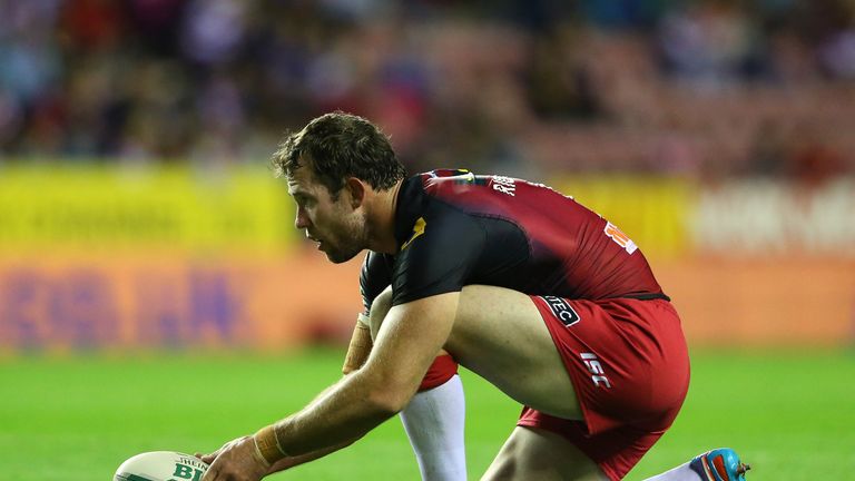 WIGAN, ENGLAND - SEPTEMBER 05:  Pat Richards of Wigan Warriors lines up a conversion during the Super League match between Wigan Warriors and Leeds Rhinos 