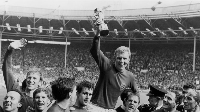 England captain Bobby Moore hold the World Cup aloft in 1966
