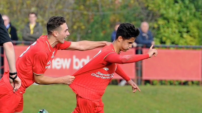 KIRKBY, ENGLAND - OCTOBER 31:  (THE SUN OUT, THE SUN ON SUNDAY OUT) Yan Dhanda (arm raised) of Liverpool celebrates his goal with team mate Adam Phillips d