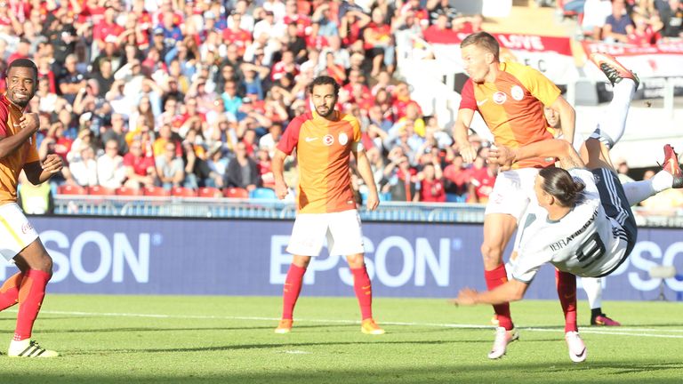 Zlatan Ibrahimovic of Manchester United scores their first goal during the pre-season friendly between Manchester United and Galatasaray.