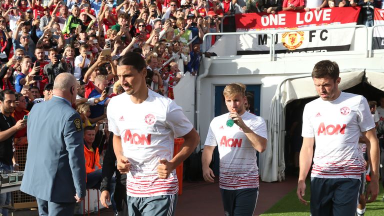 Zlatan Ibrahimovic, Luke Shaw and Michael Carrick of Manchester United runs out to warm up ahead of the pre-season friendly v Galatasaray, Stockholm