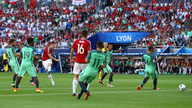 LYON, FRANCE - JUNE 22:  Zoltan Gera of Hungary scores the opening goal during the UEFA EURO 2016 Group F match between Hungary and Portugal at Stade des L