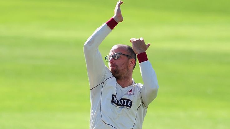 Jack Leach of Somerset bowls during the County Championship clash with Durham