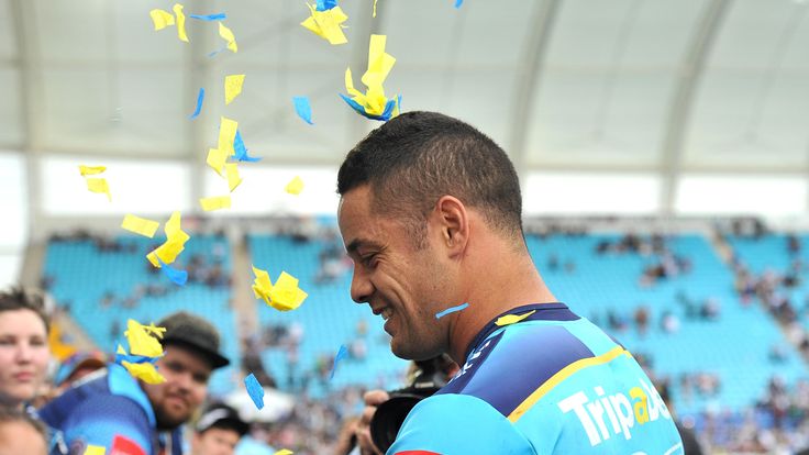 Jarryd Hayne of the Titans greets fans after the round 22 NRL match between the Gold Coast Titans and the New Zealand Warriors