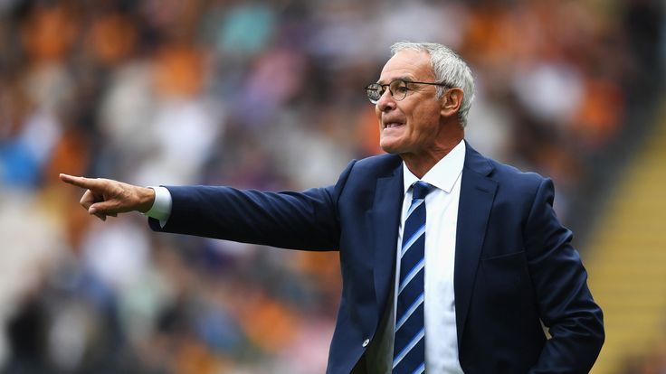 Claudio Ranieri, Manager of Leicester City points while giving instructions to his team.