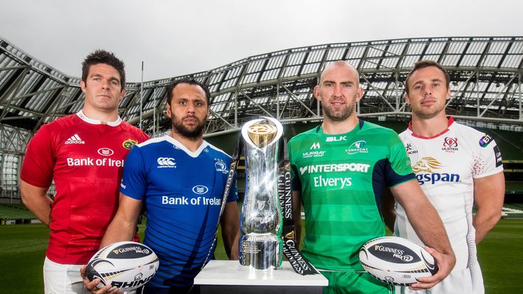 Billy Holland (Munster), Isa Nacewa (Leinster), John Muldoon (Connacht) and Tommy Bowe (Ulster) pictured at the PRO12 launch