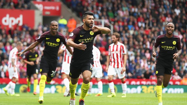 Sergio Aguero celebrates scoring the first goal of the game