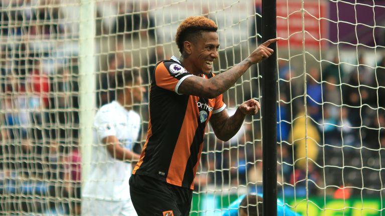 Abel Hernandez celebrates after scoring Hull's second goal