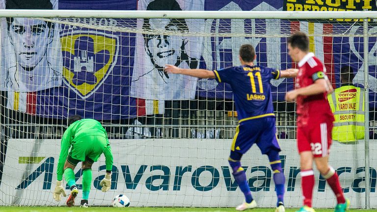Aberdeen goalkeeper Joe Lewis watches on as the ball rolls into the back of the net to give Maribor the lead in Europa League