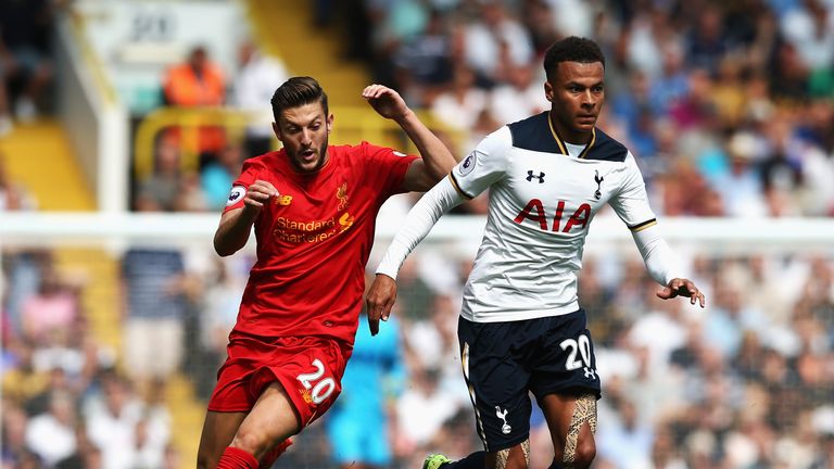 LONDON, ENGLAND - AUGUST 27: Dele Alli of Tottenham Hotspur is chased down by Adam Lallana of Liverpool during the Premier League match between Tottenham H