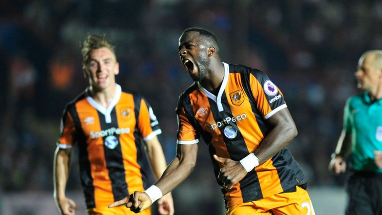 Hull City's Adama Diomande celebrates his goal to make it 2-1 during the EFL Cup, Second Round match at St James Park, Exeter.
