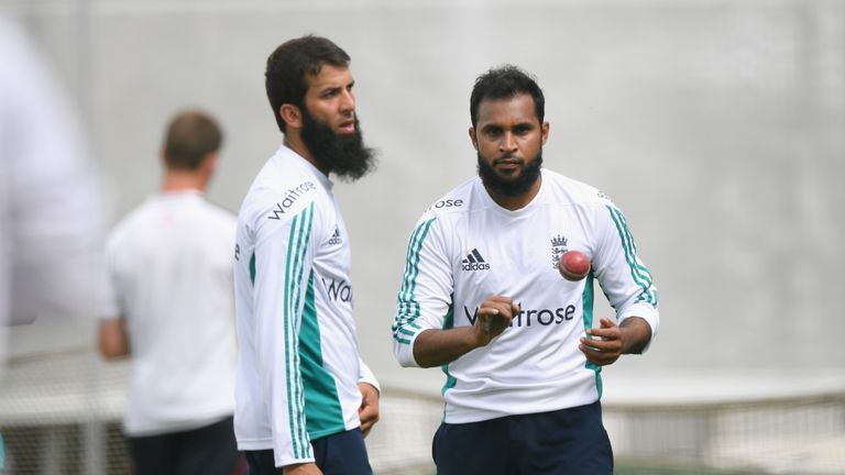 England bowlers Adil Rashid (r) in action as Moeen Ali looks on during England Nets