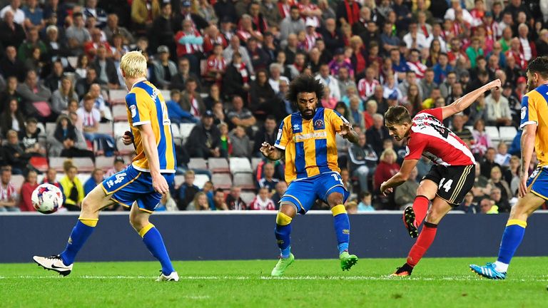 Adnan Januzaj scores the winner for Sunderland in the  EFL Cup second round match against Shrewsbury