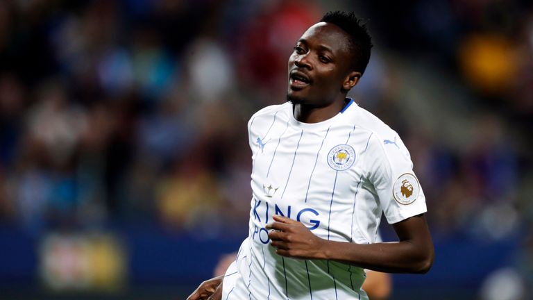 Ahmed Musa of Leicester City FC celebrates after scoring the first of his two goals in a 4-2 pre-season defeat to Barcelona in Stockholm.