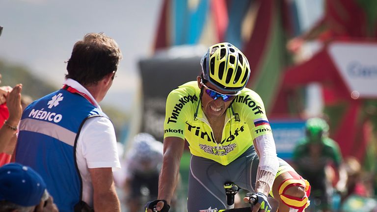 Tinkoff's Spanish cyclist Alberto Contador crosses the finish line during the 8th stage of the 71st edition of "La Vuelta" Tour of Spain, a 181,5 km route 