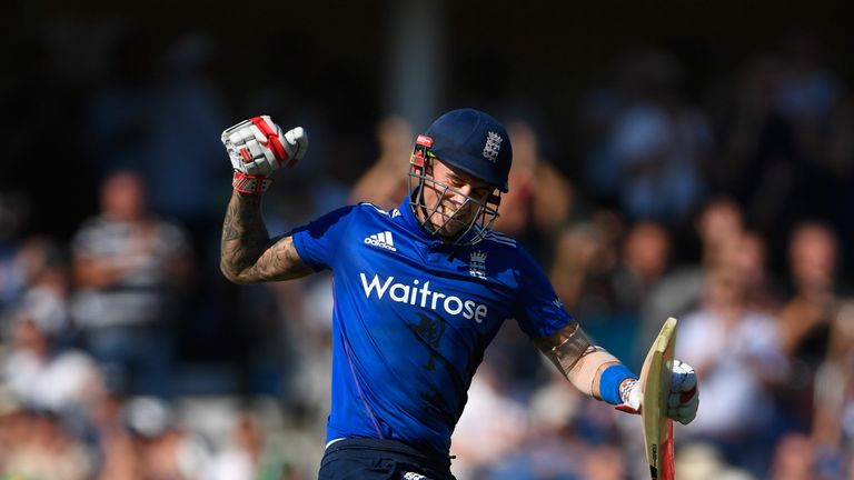 Alex Hales celebrates his fourth ODI century, against Pakistan, at Trent Bridge