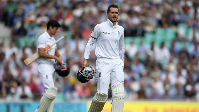 Alex Hales of England leaves the field after being caught out by Yasir Shah of Pakistan