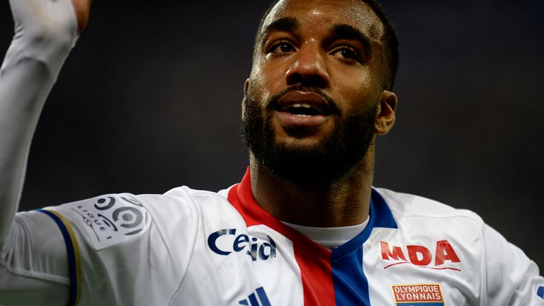 Lyon's French forward Alexandre Lacazette celebrates after scoring a goal during the French L1 football match between Lyon (OL) and Monaco (ASM) at the Par