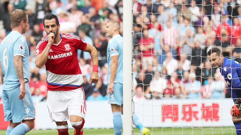 Middlesbrough striker Alvaro Negredo celebrates a goal against Stoke