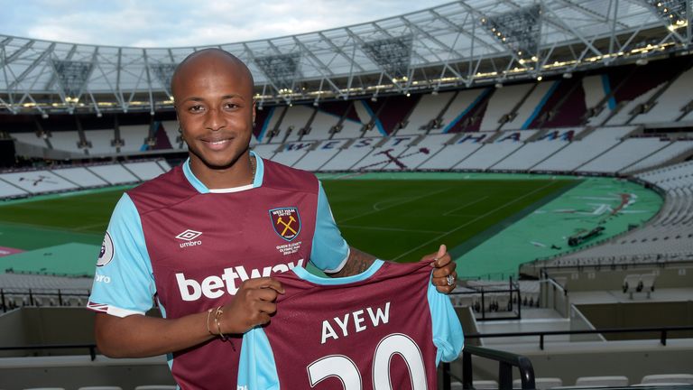 STRATFORD, ENGLAND - AUGUST 08: West Ham United Unveil New Signing Andre Ayew at London Stadium on August 8, 2016 in Stratford, England 