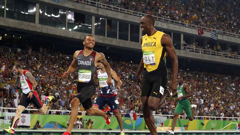 Canada's Andre De Grasse and Jamaica's Usain Bolt
