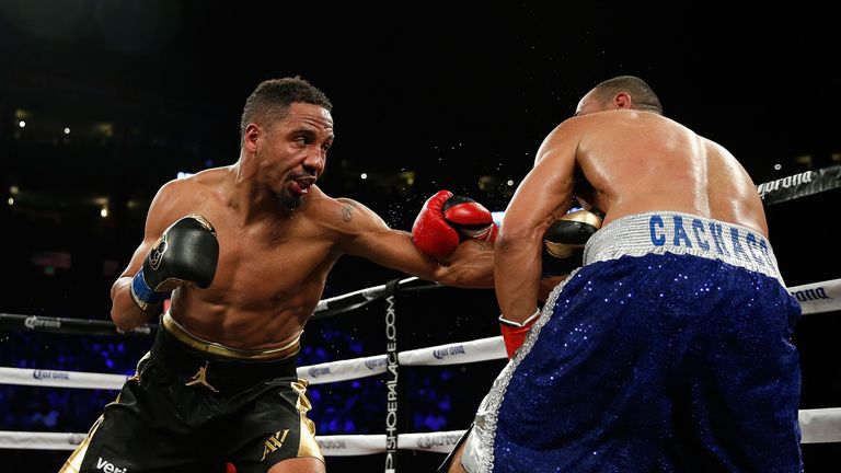 Andre Ward (left) fights against Alexander Brand in their WBO Intercontinental Light-Heavyweight title.