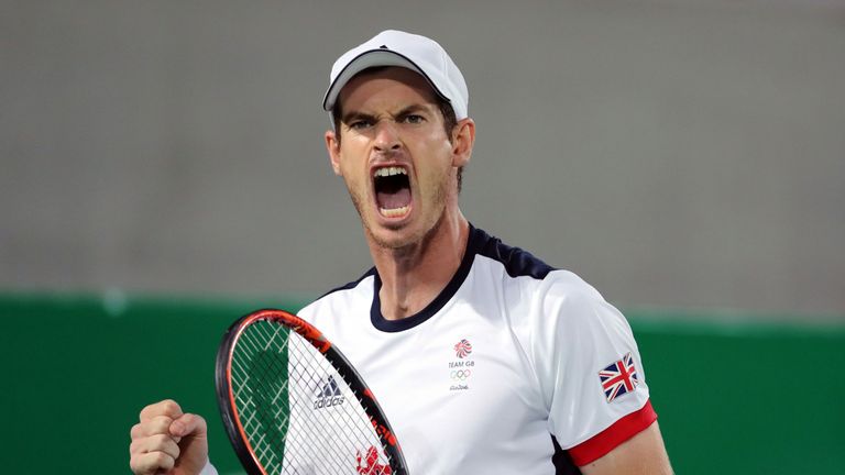 Andy Murray celebrates a key point in the Olympic final