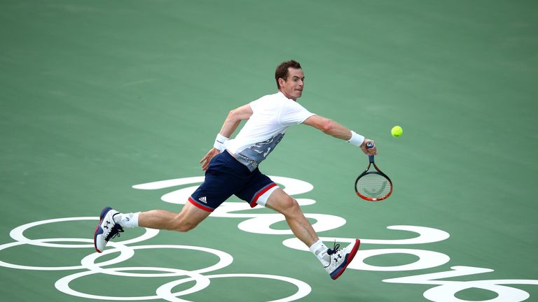 RIO DE JANEIRO, BRAZIL - AUGUST 02:  Andy Murray of Great Britain plays a backhand during a practice session ahead of the Rio 2016 Olympic Games at the Oly