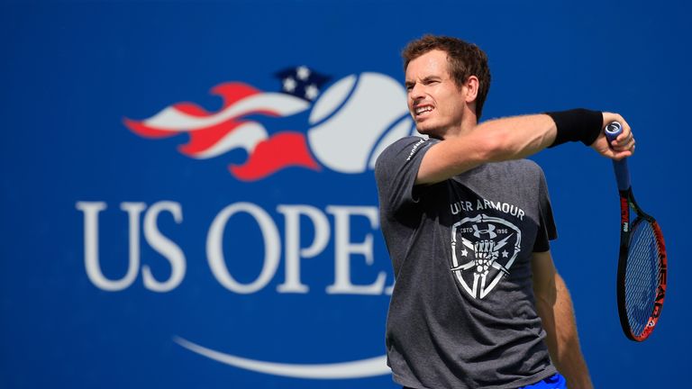 NEW YORK, NY - AUGUST 26:  Andy Murray of Great Britain hits a shot during a practice session prior to the start of the 2016 US Open at the USTA Billie Jea