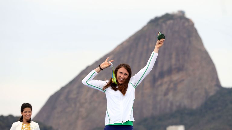 Ireland's Annalise Murphy celebrates with her medal 