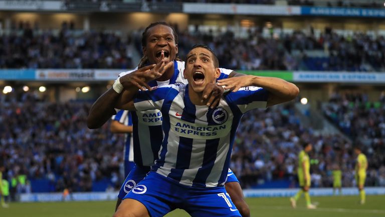 Brighton and Hove Albion's Anthony Knockaert (front) celebrates scoring his side's first goal against Rotherham