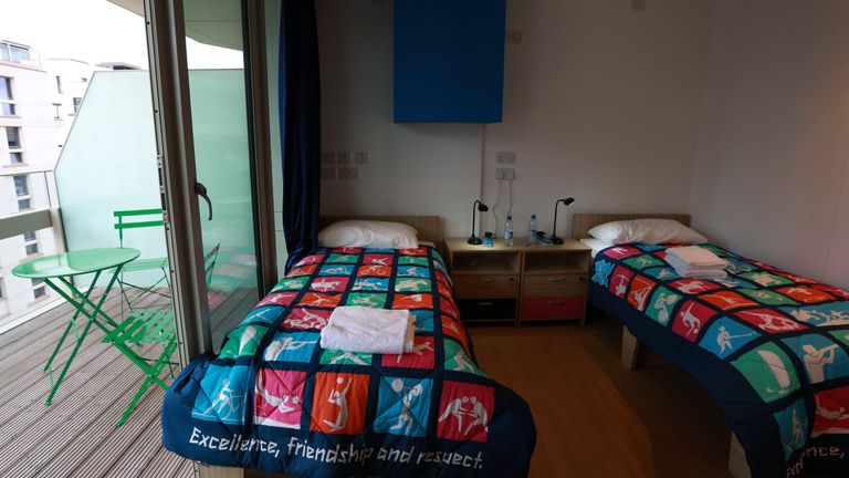 A twin bedroom and balcony in the Olympic Village, built for the London 2012 Olympic Games, on June 29, 2012. in Stratford, east London. 