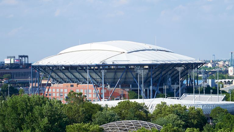 The view of Arthur Ashes Stadium from the outside at Flushing Meadows with its new roof closed