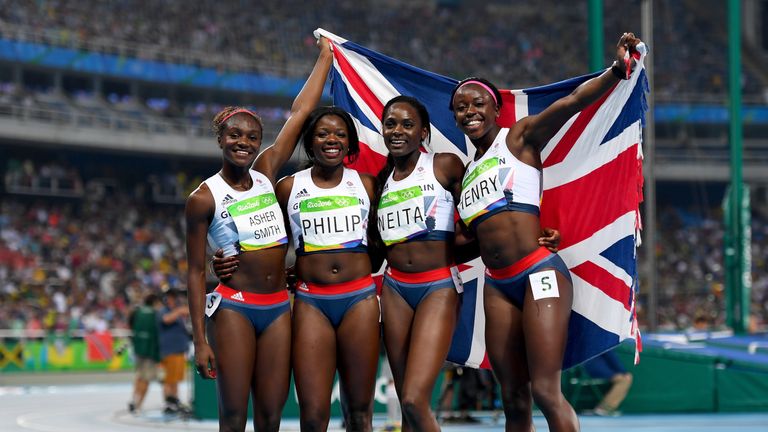 RIO DE JANEIRO, BRAZIL - AUGUST 19:  Asha Philip, Desiree Henry, Dina Asher-Smith and Daryll Neita of Great Britain celebrate winning bronze in the Women's