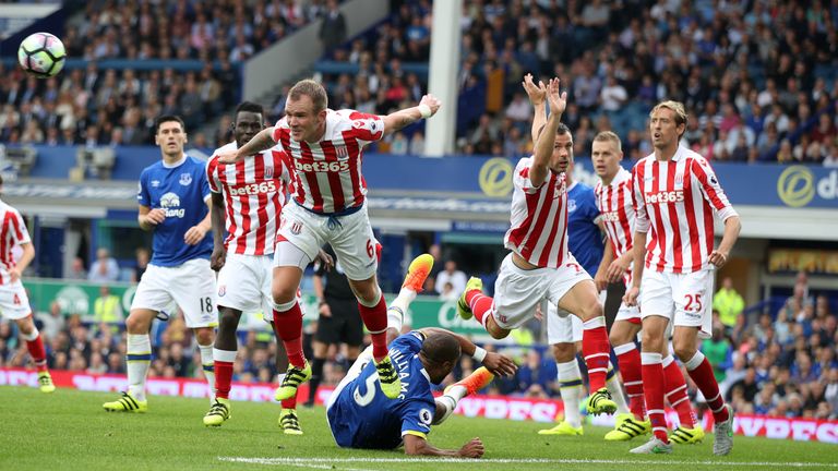 Ashley Williams of Everton is fouled for a penalty against Stoke City
