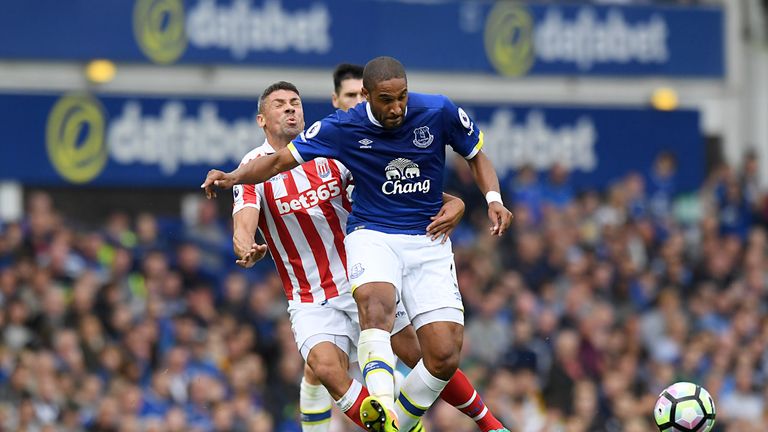 Everton's Ashley Williams (right) and Stoke City's Jonathan Walters battle for the ball during the Premier League match at Goodison Park