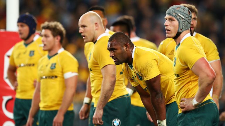 Wallabies players show their dejection after conceding a try during the Bledisloe Cup Rugby Championship 