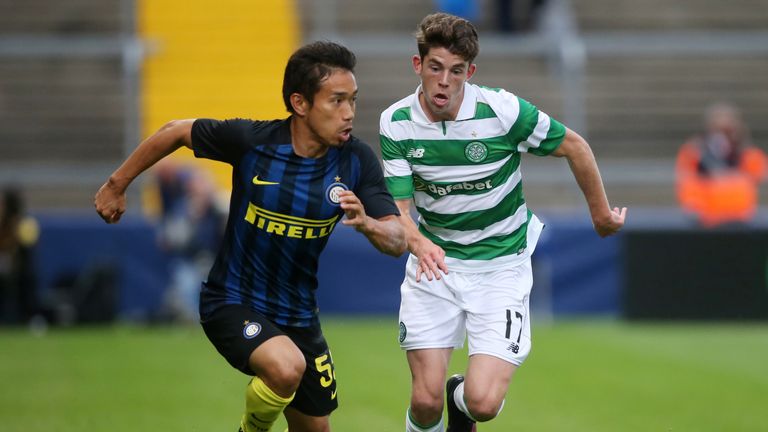 Inter Milan's Yuto Nagatomo and Celtic's Ryan Christie battle for the ball during the International Champions Cup match at Thomond Park, Limerick