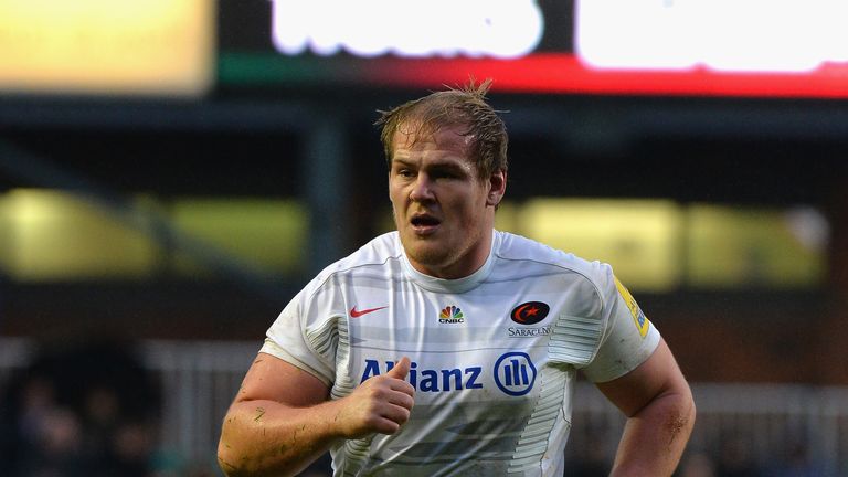 LEICESTER, ENGLAND - NOVEMBER 16: Rhys Gill of Saracens during the Aviva Premiership match between Leicester Tigers and Saracens at Welford Road on Novembe