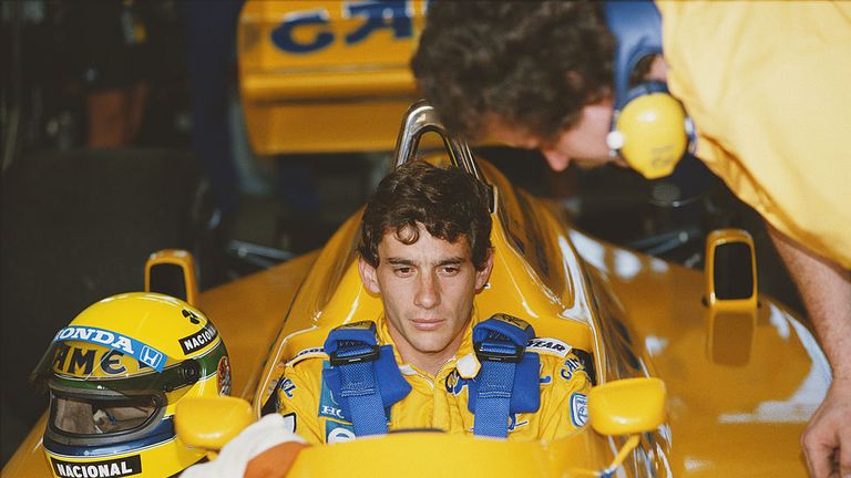 Ayrton Senna of Brazil sits aboard the #12 Camel Team Lotus Honda Lotus 99T Honda RA166E V6 turbo during practice for the Brazilian Grand Prix on 11th Apri