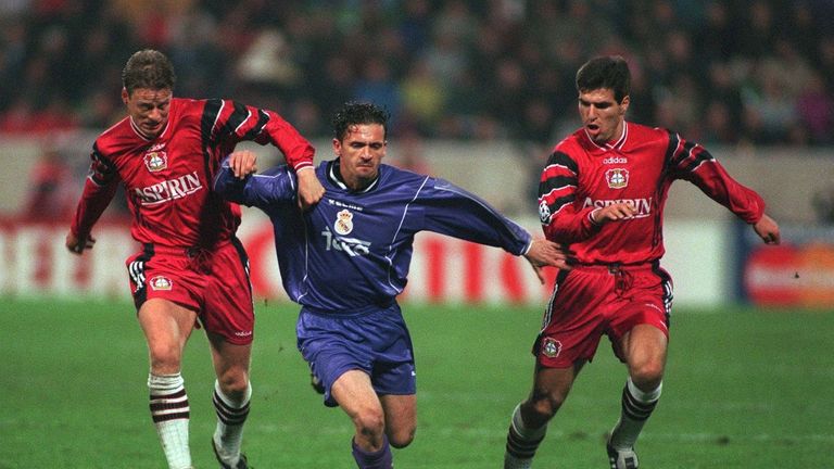 Christian Worns, Predrag Mijatovic and Paulo Rink during the Champions League game between Bayer Leverkusen and Real Madrid in March 1998