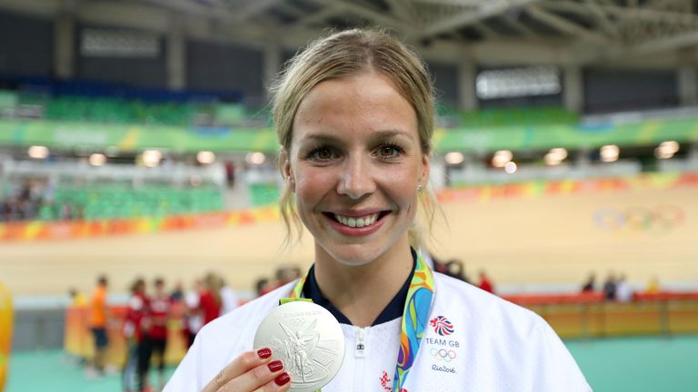 Great Britain's Becky James poses with her medal