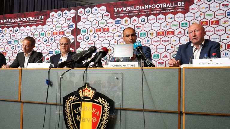 Roberto Martinez (second right) is unveiled as Belgium's new head coach